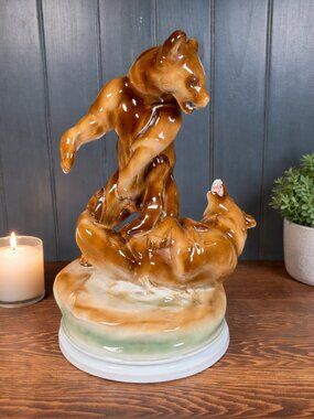Vintage Zsolnay Porcelain Fighting Bears Sculpture, Hungarian Animal Figurine